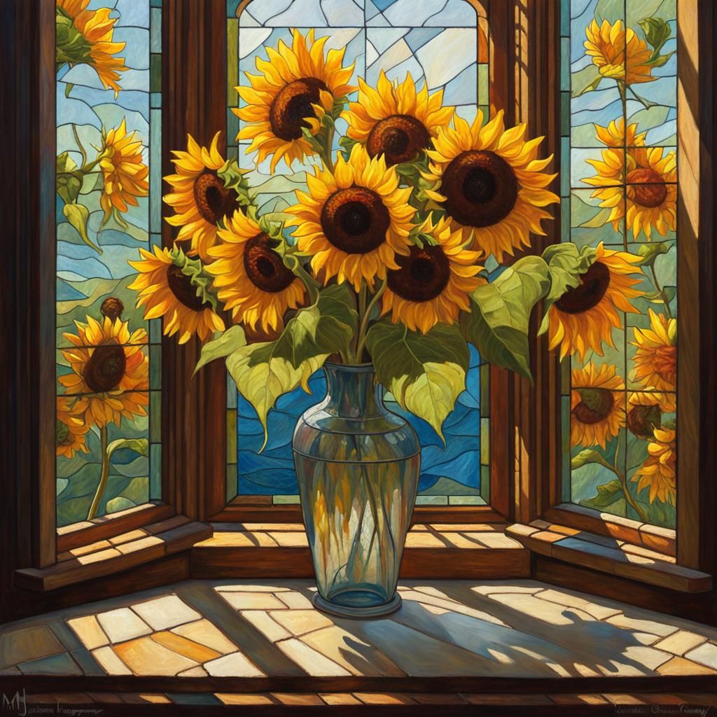 Sunflowers and Stained Glass: An Oil Painting