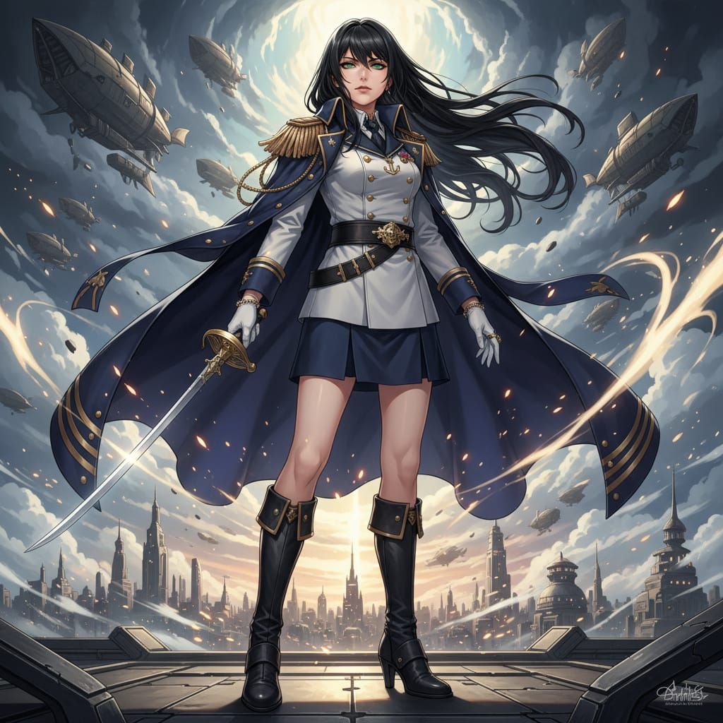 Anime Female Admiral with Sword and Navy Coat