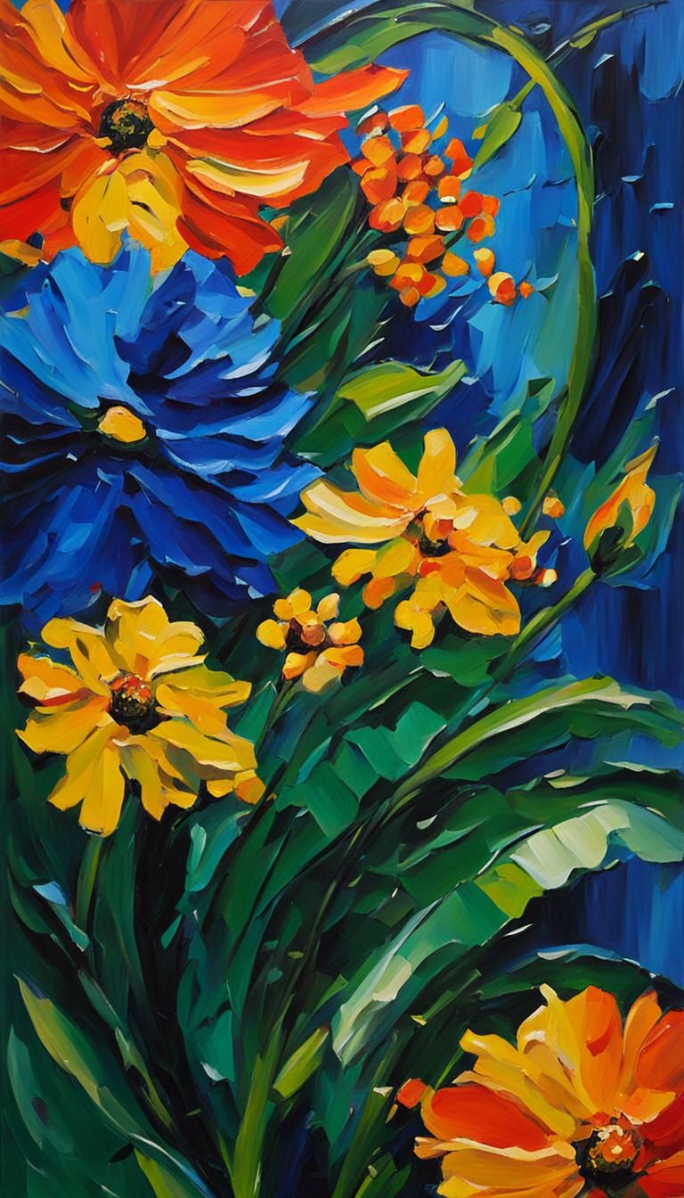 Bright flowers Painting Impasto gouache Painting, Very Heavy Brush Strokes, Heavy Wet Oil Painting,  Impasto Impasto