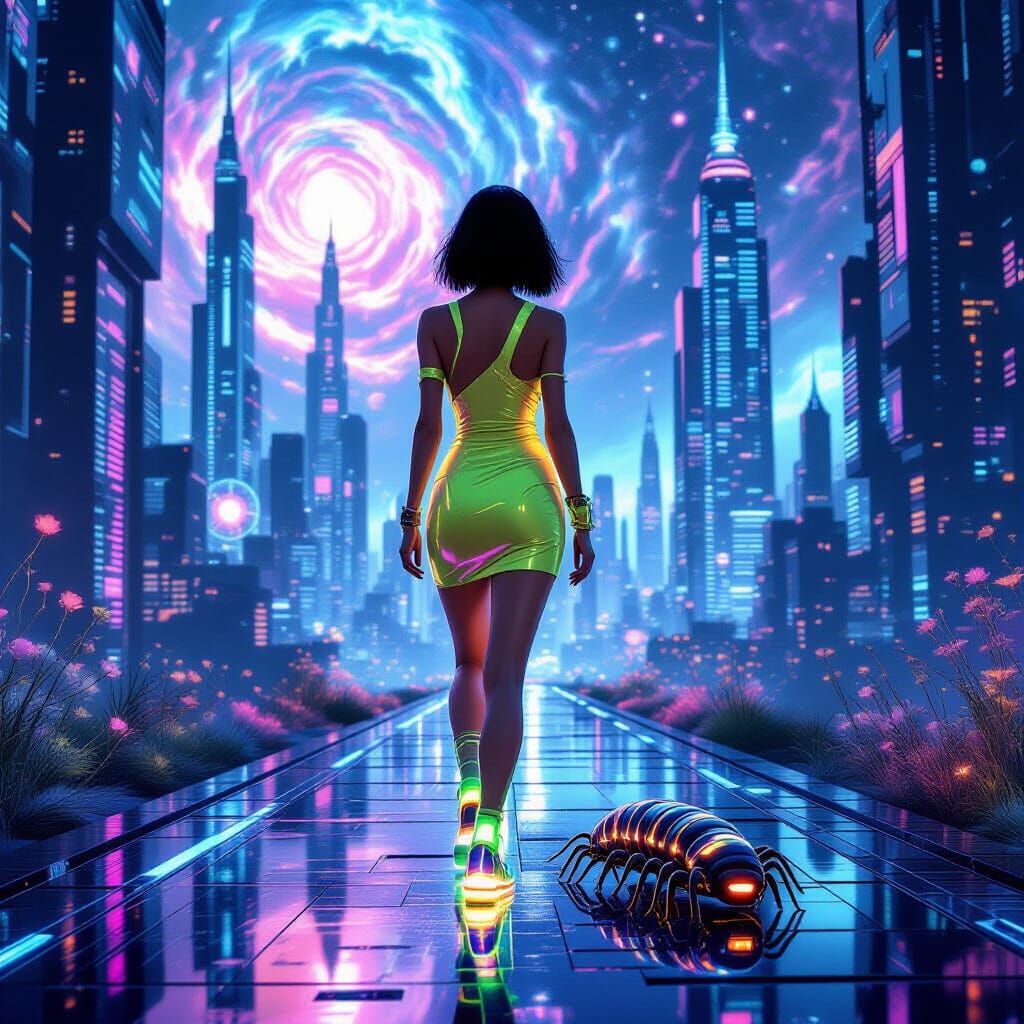 Futuristic City Exploration with Centipede Companion