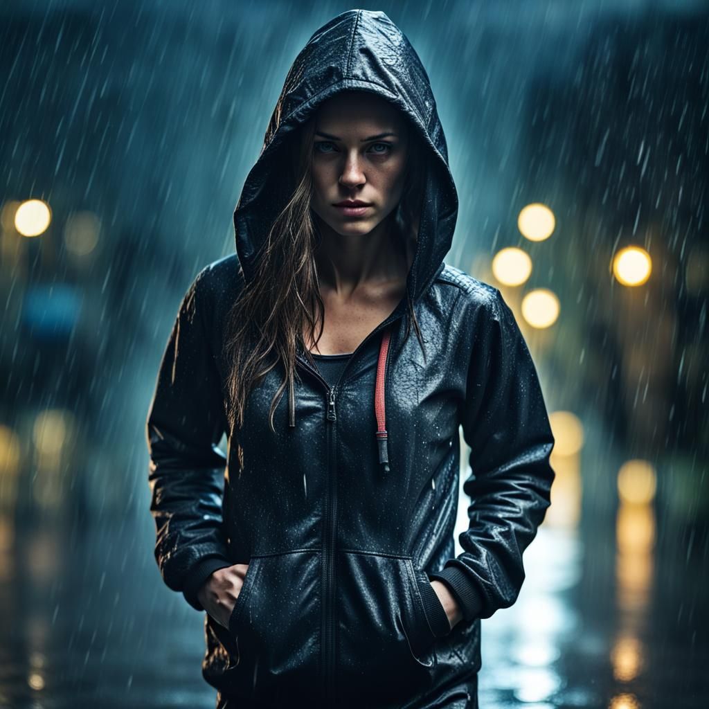 Young Woman Walking in the Dark Rain