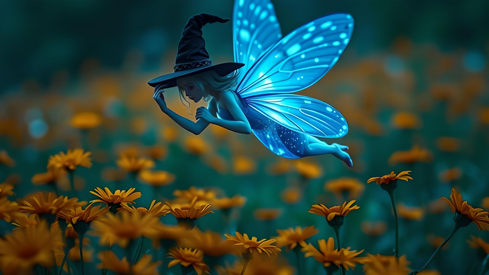 Blue Fairy Over Daisy Field in Cinematic Style