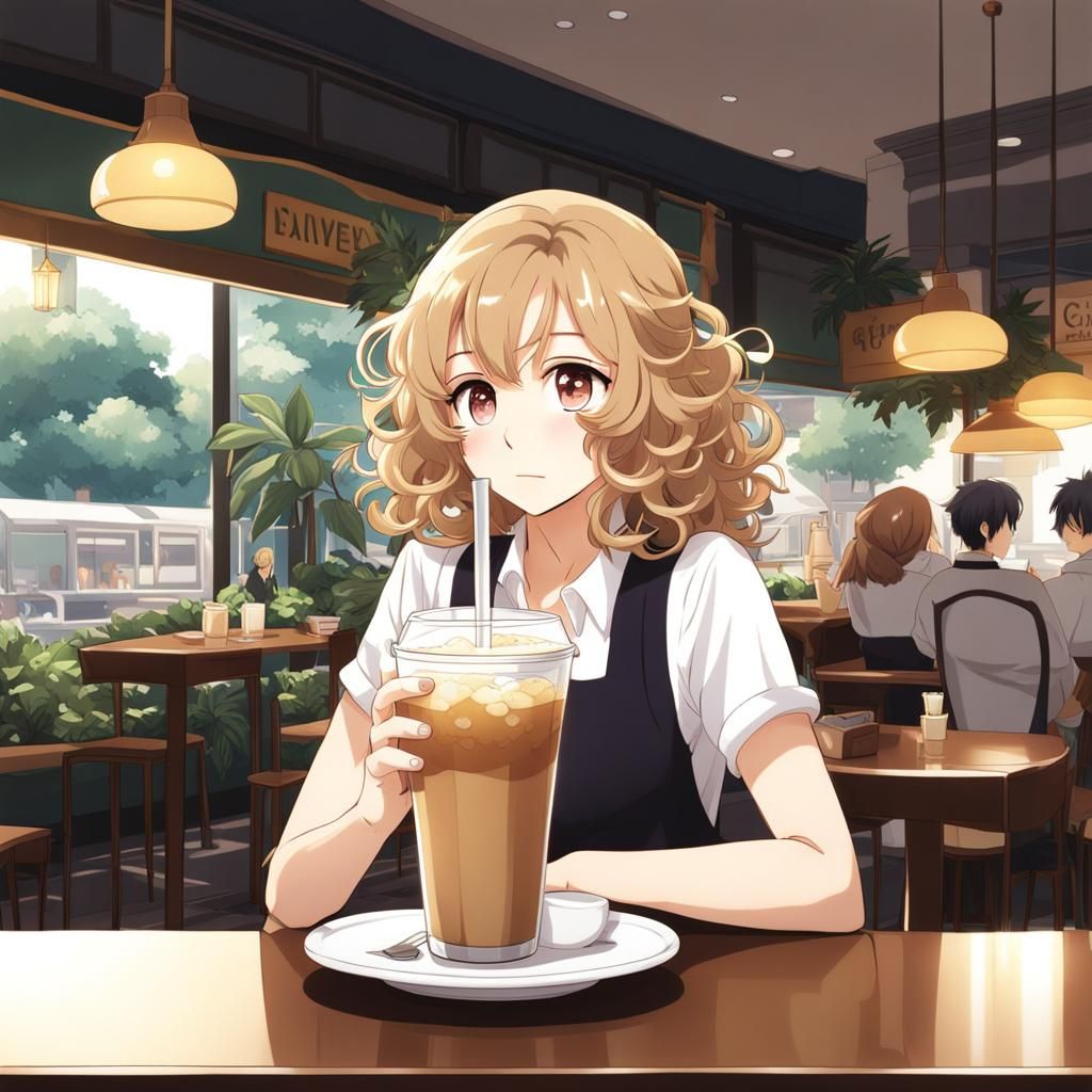 Anime-Style Woman with Latte in Cafe