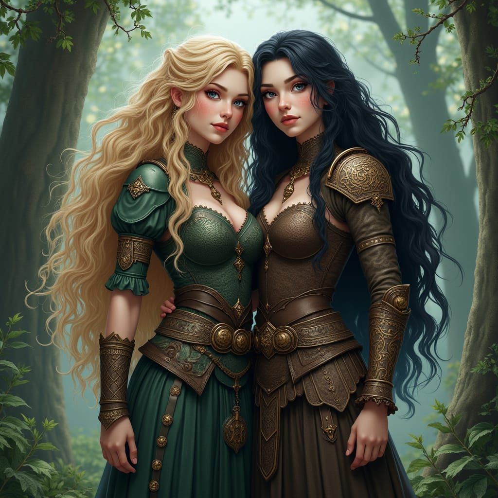 Viking Sisters in Mystical Glade, Alphonse Mucha Style