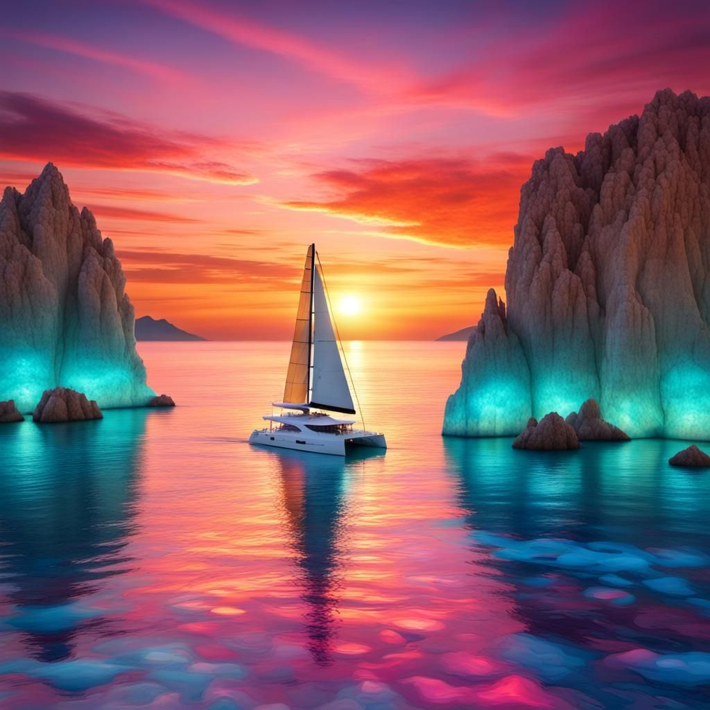 Catamaran on Gemstone Sea at Sunset