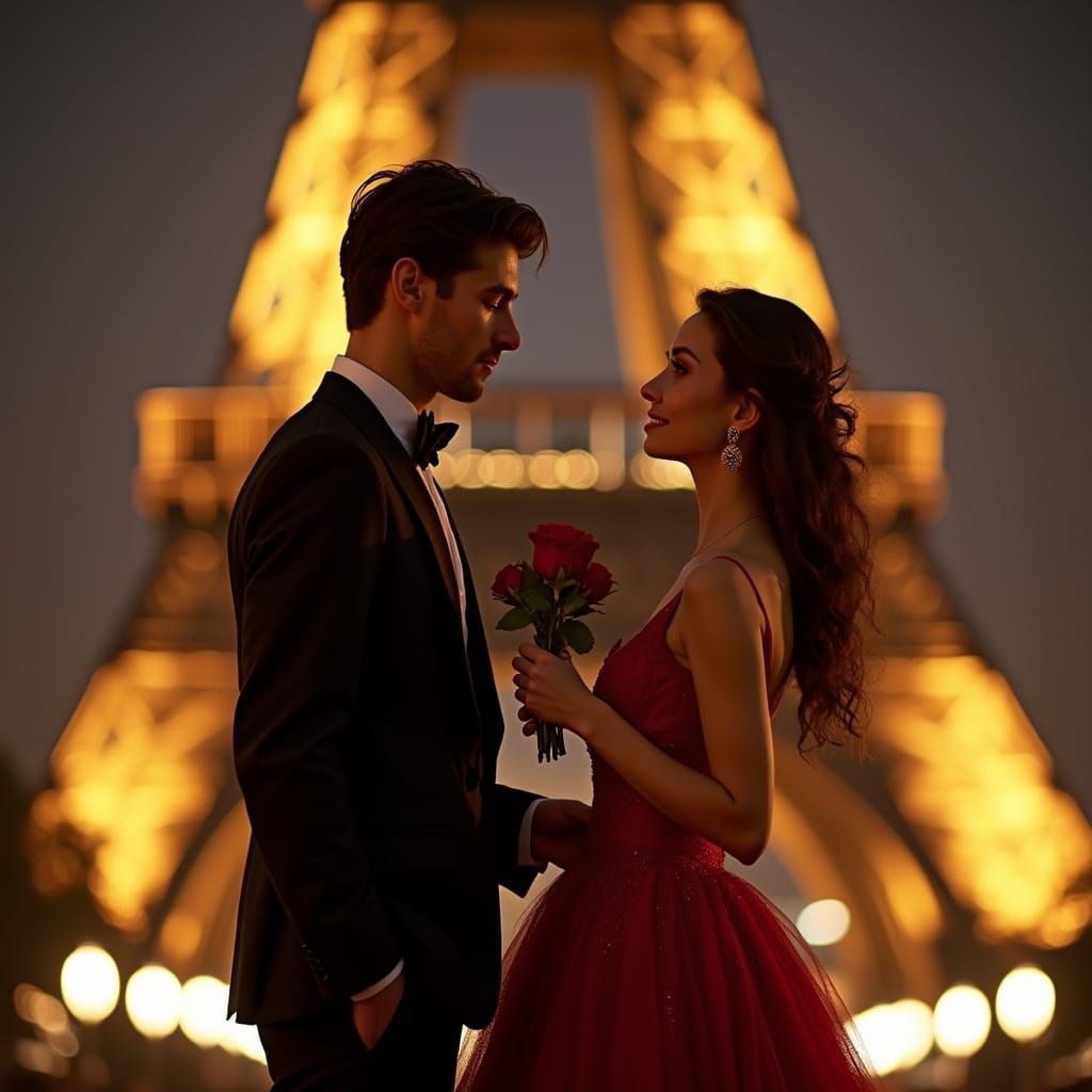 Elegant Couple Basks in Romantic Eiffel Tower Glow