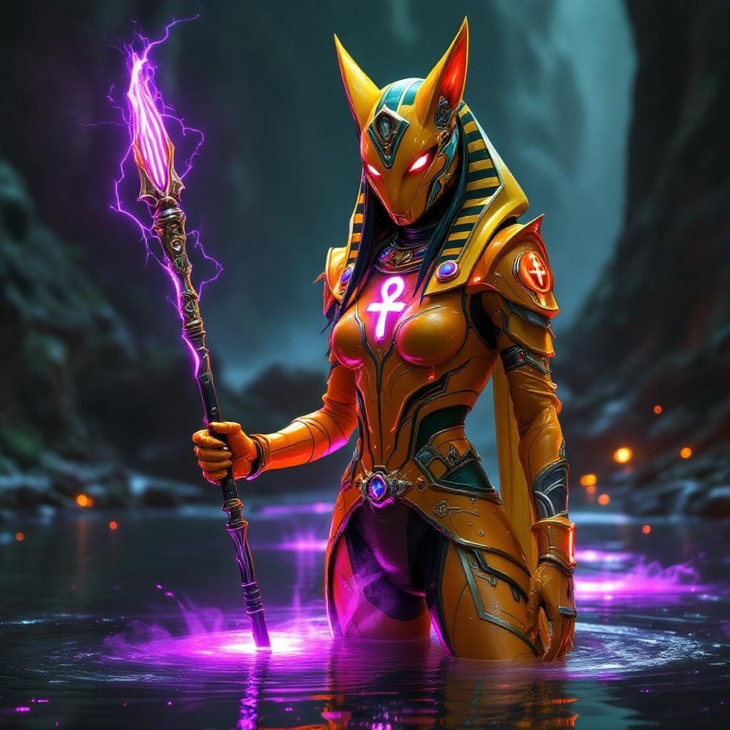 Girl in Pharaoh-Inspired Suit with Anubis Helmet