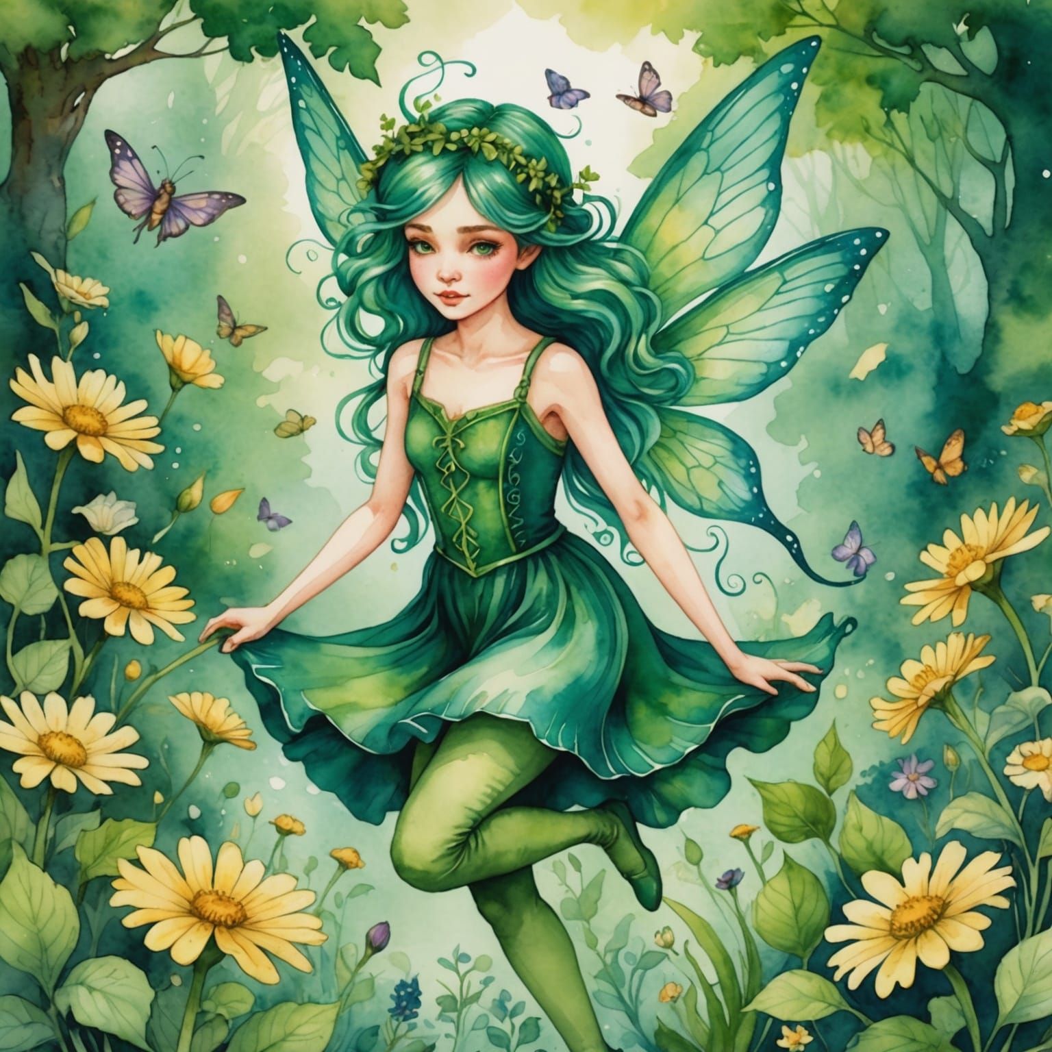 Green-Haired Fairy in Enchanted Garden Watercolor