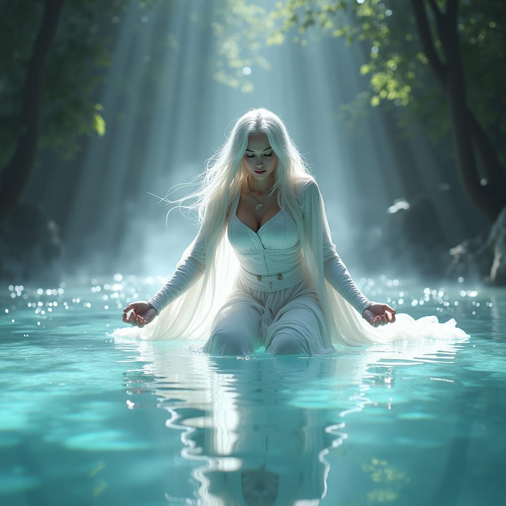 Elara in White Armor Meditating by Luminous Pool