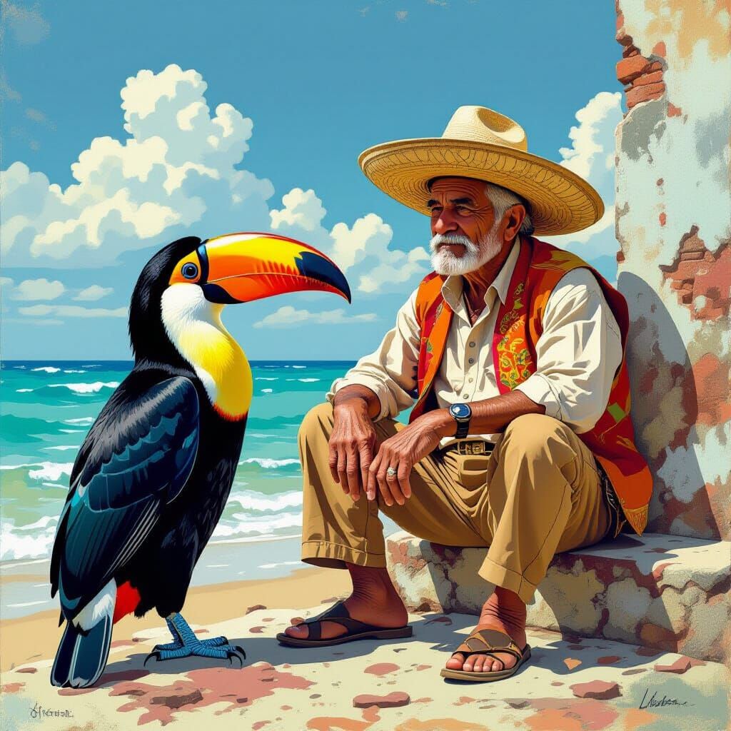 Toucan and Mexican Man in Comic Book Style