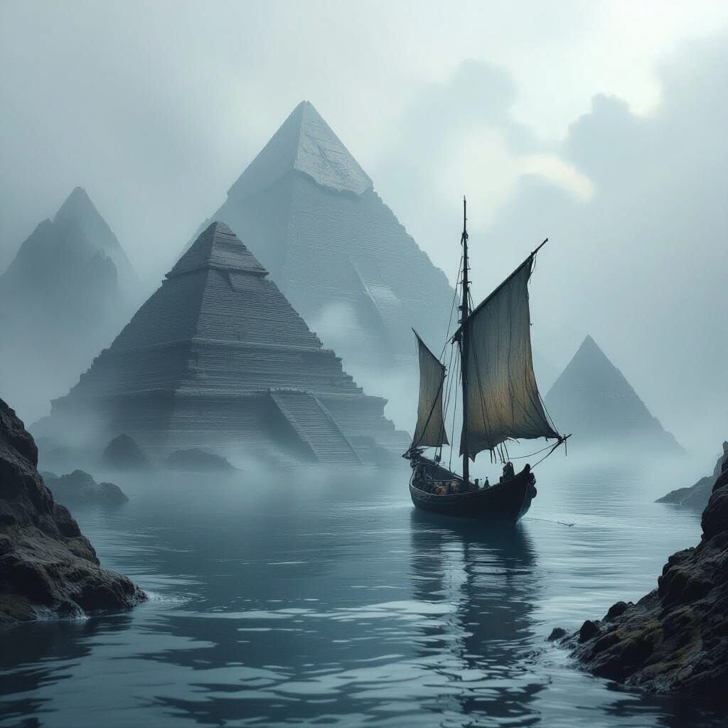 Spectral Sailboat Navigates Misty Pyramids in Dark Fantasy