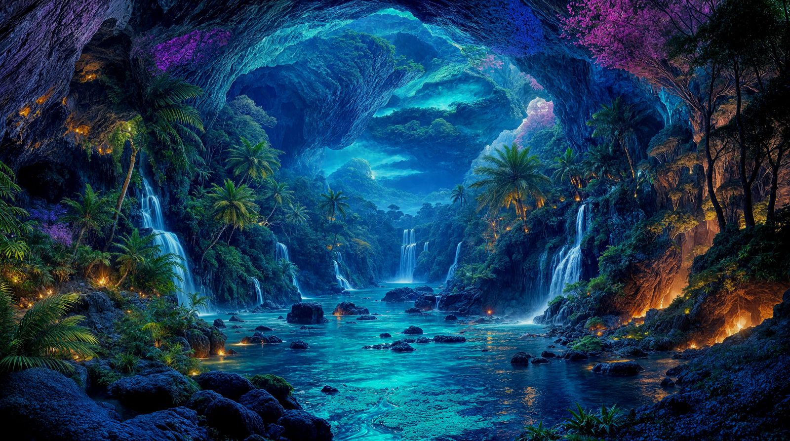 Dreamlike Agartha Landscape in Neon Style
