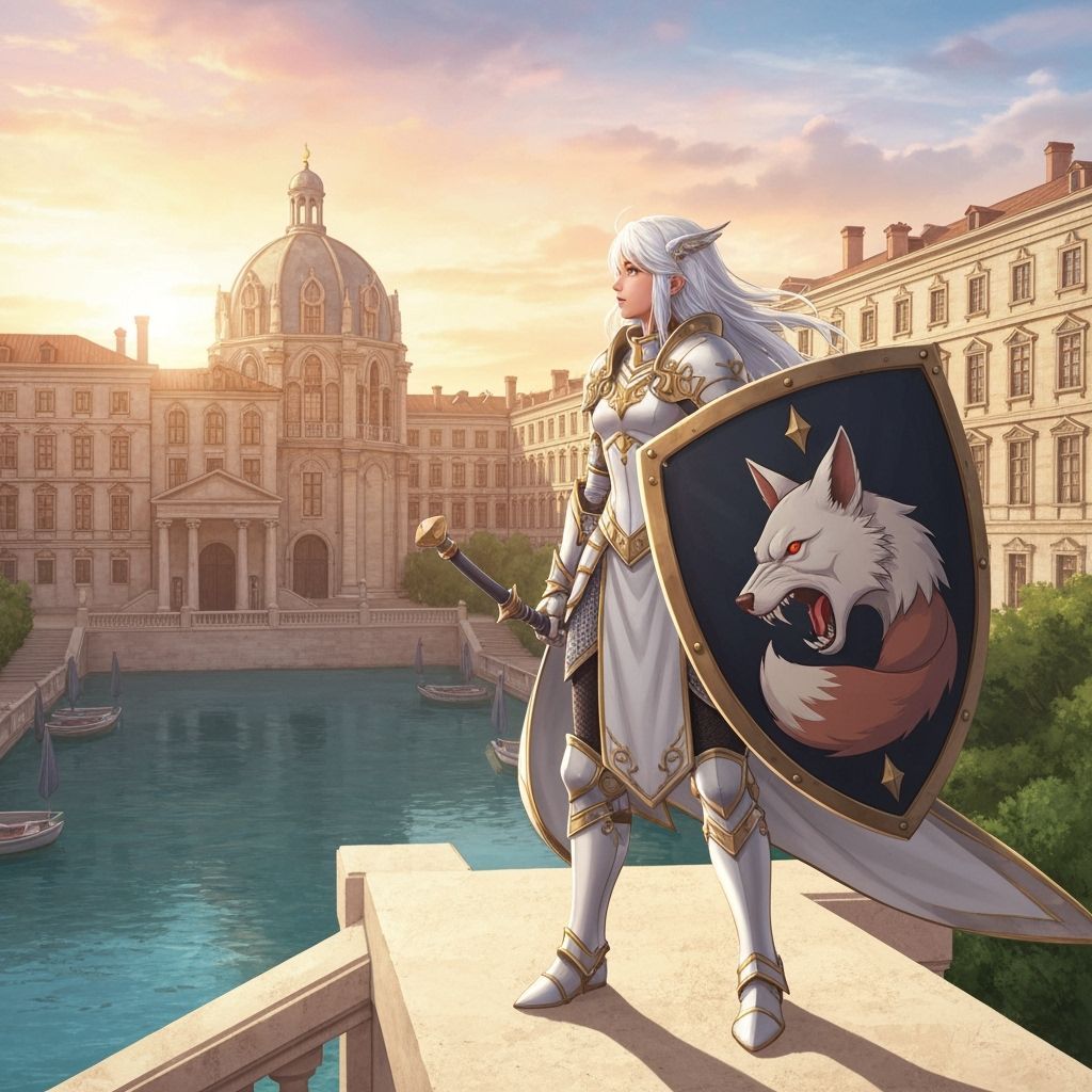 Warrior Girl with Wolf Shield at Sunrise Over Renaissance Pa...