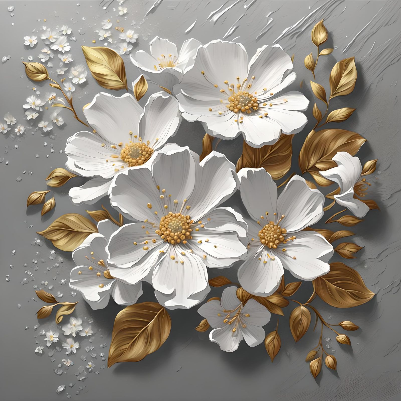 White Flowers with Gold Accents, Impasto Painting