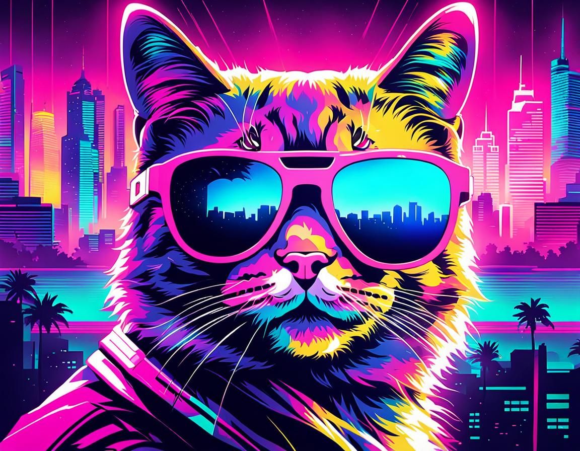Cool Cat in 80s Synthwave Portrait