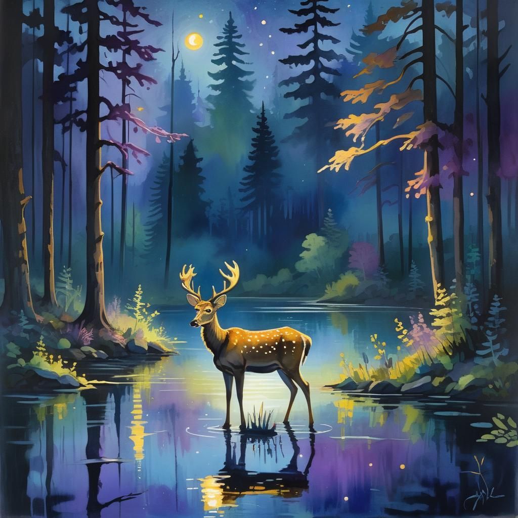 Impressionist Deer at Misty Lake Nocturne