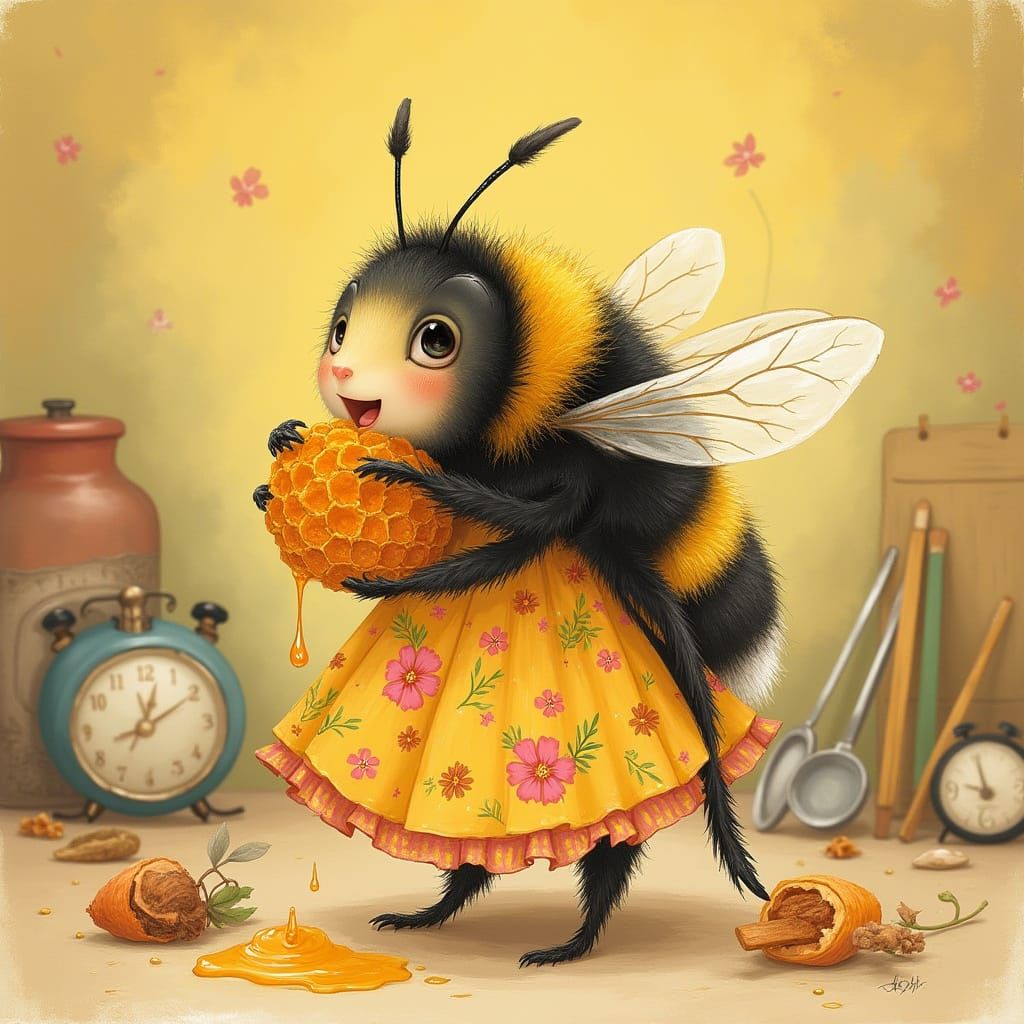 Whimsical Bumble Bee in Floral Dress, Winking and Enjoying H...