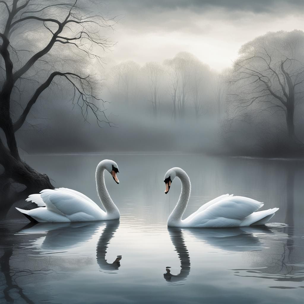 Glass Swans on Misty Lake in Muted Tones