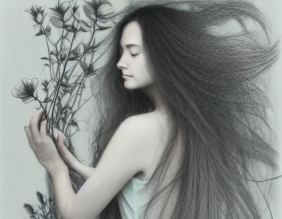 Elegant Etching of Woman with Flower in Motion