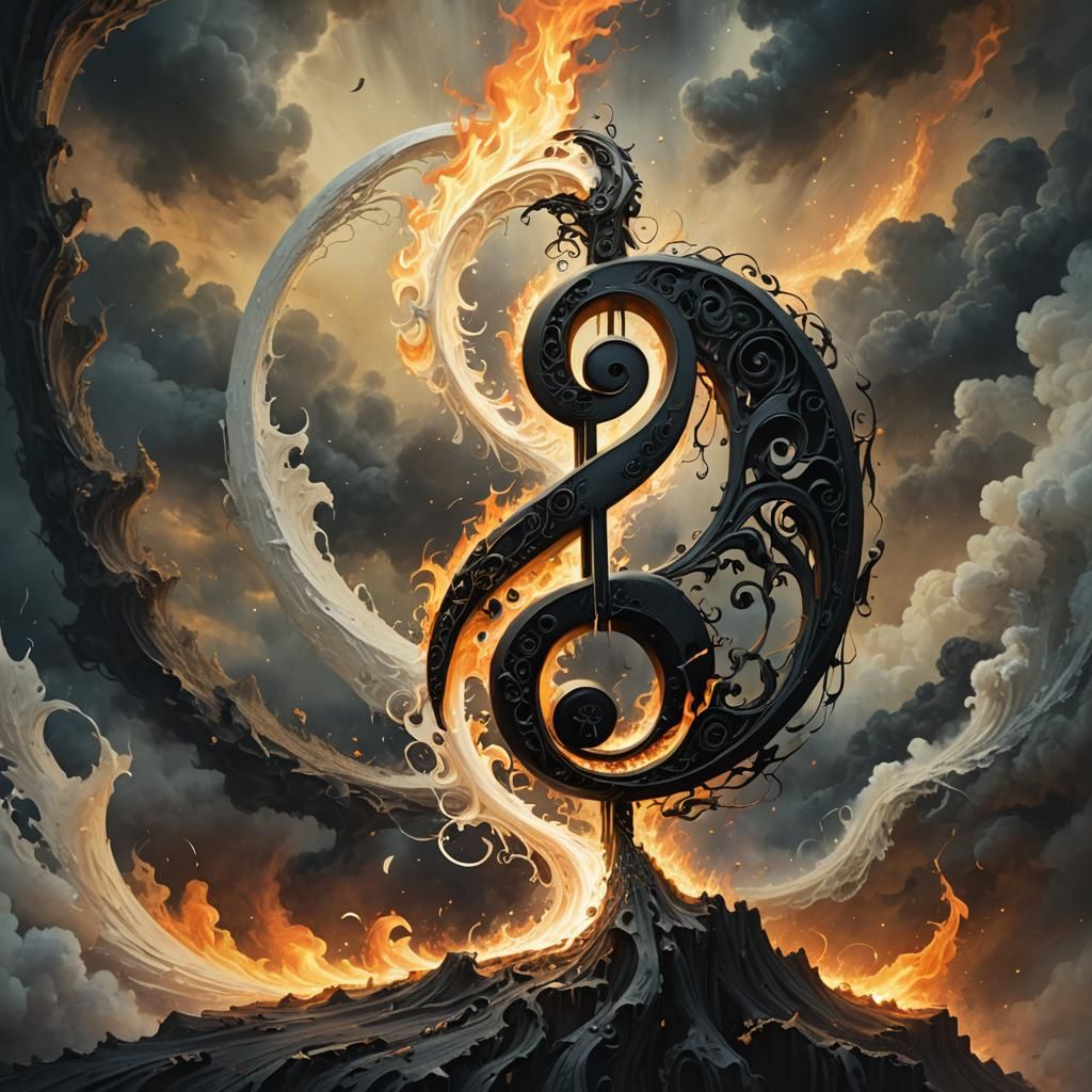 Yin and Yang Music Note Flame in Surreal Style
