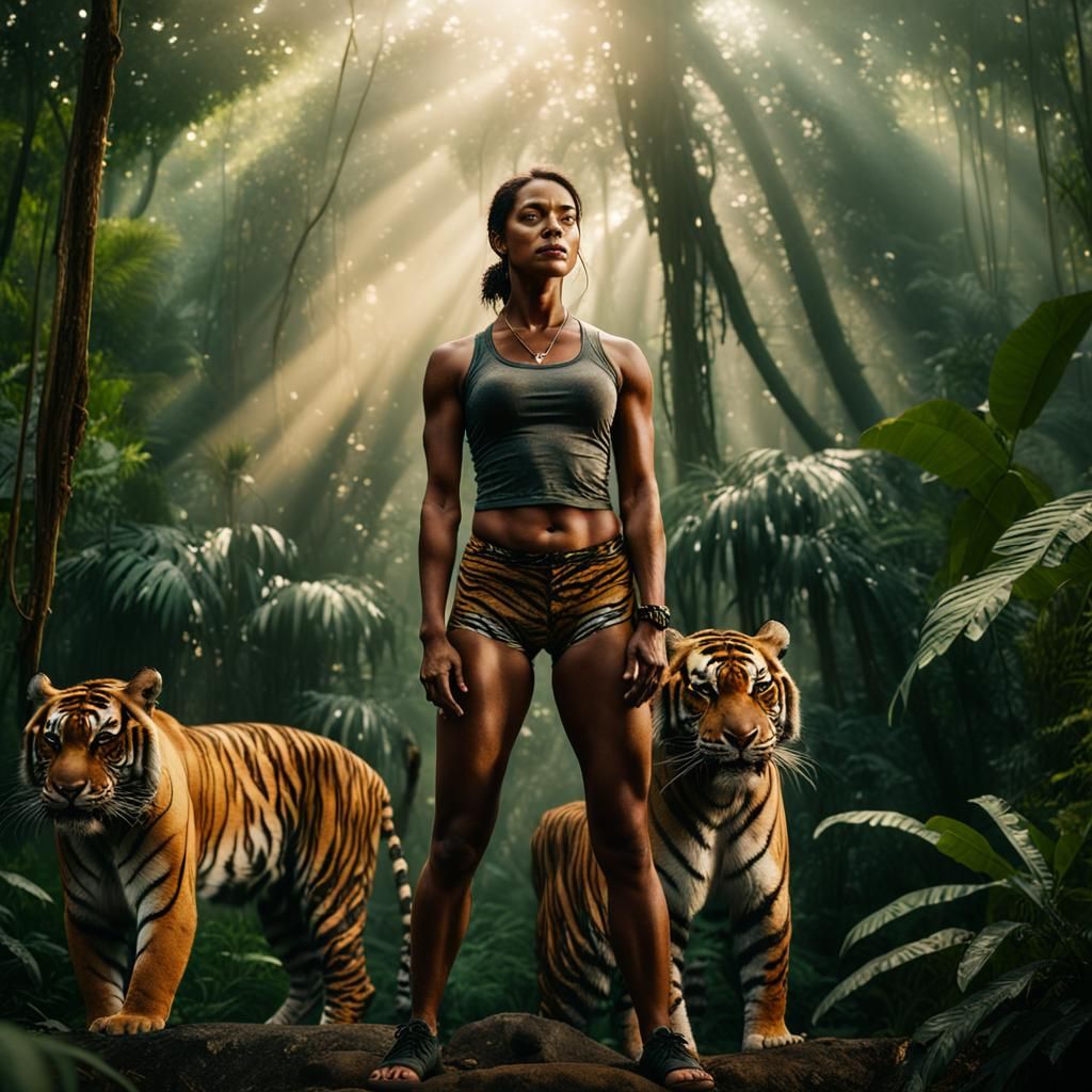 Powerful Woman Confronts Tigers in Jungle