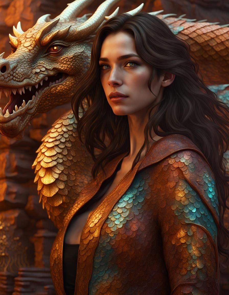 Protective Dragon and Woman: Dark Fantasy Art