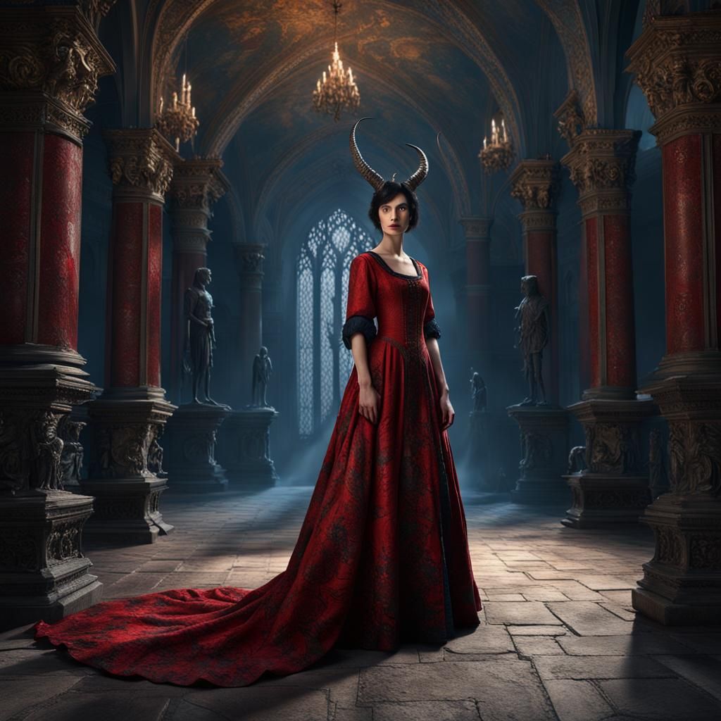 Gothic Beauty with Horns in Medieval Setting