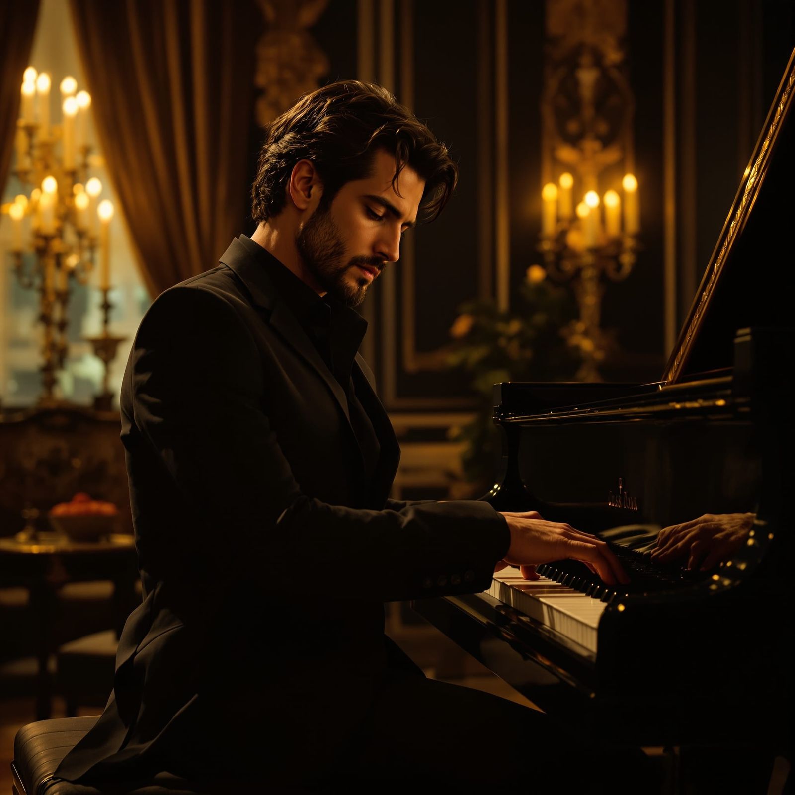 Elegant Pianist in Opulent Salon, Art Nouveau Style