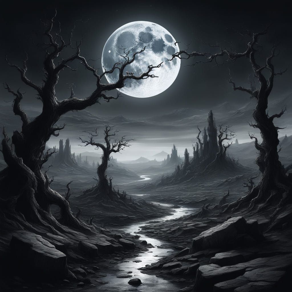 Twisted Barren Landscape Under the Damaged Moon