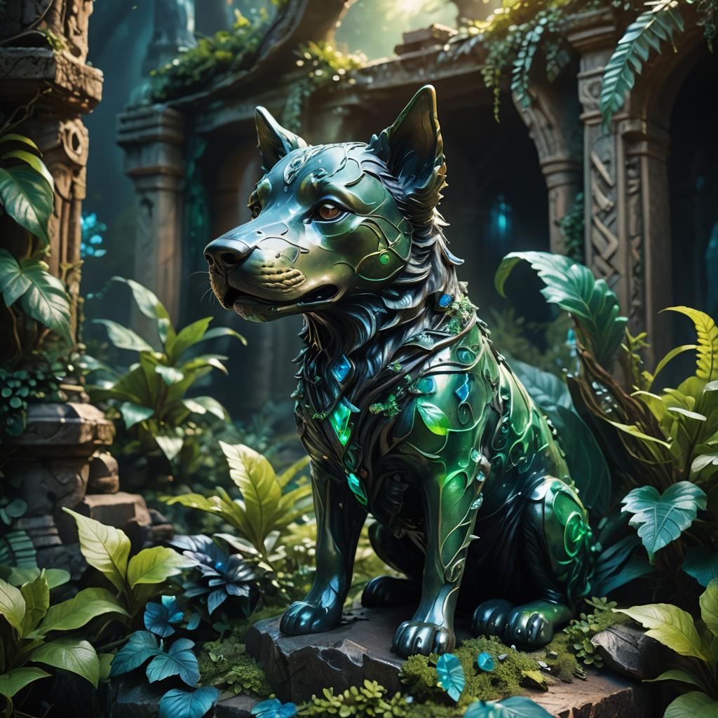 Onyx Dog Figurine in Sanctum of Nature, Digital Art