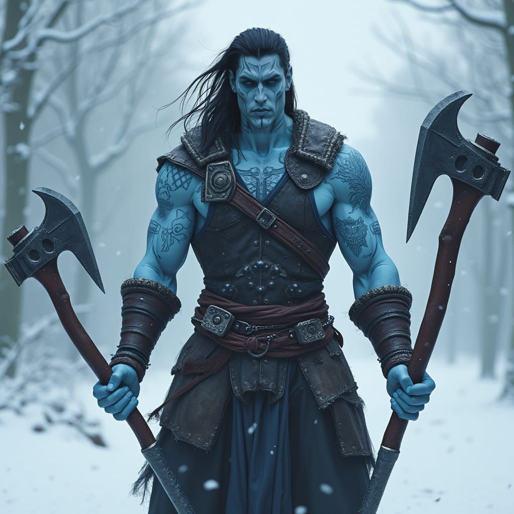 Goliath Warrior with Tattoos in Winter Landscape