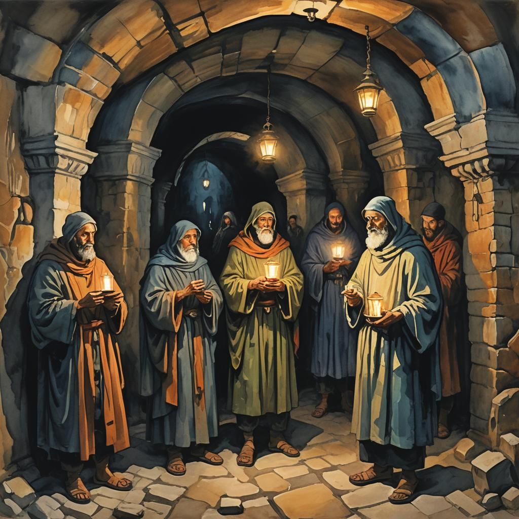 Christians Praying in Catacombs: Gouache Watercolor Painting