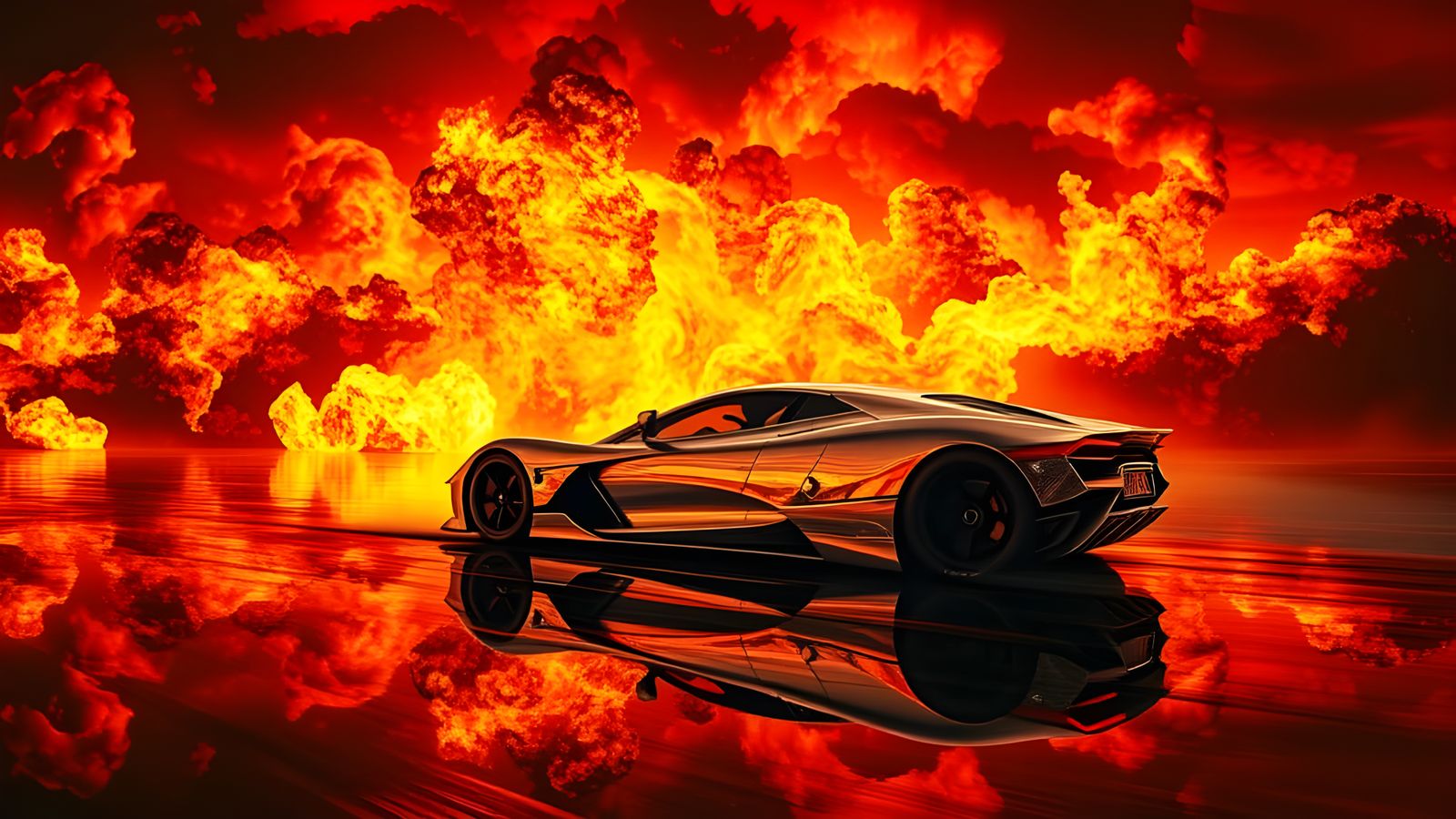 Chrome Supercar Emerges from Firestorm at Night