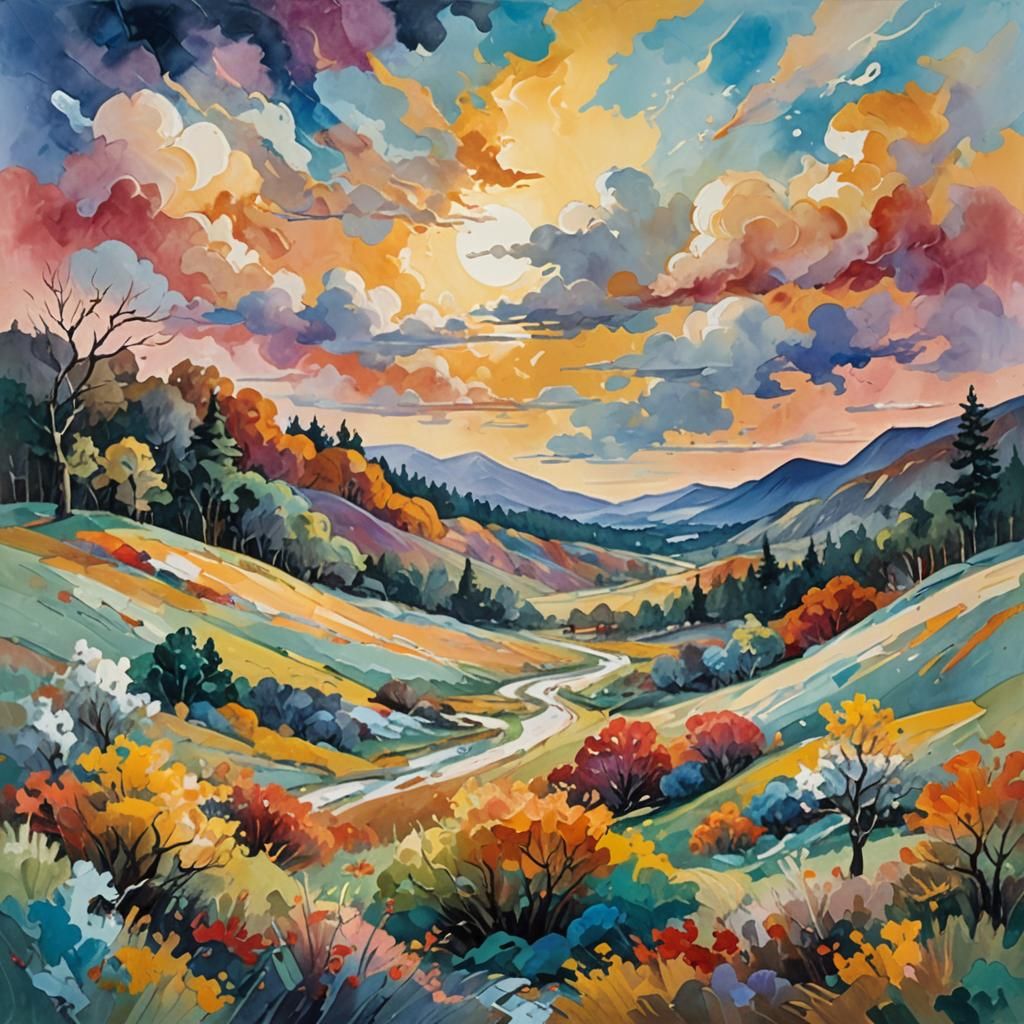 Four Seasons Impressionist Gouache Landscape Painting