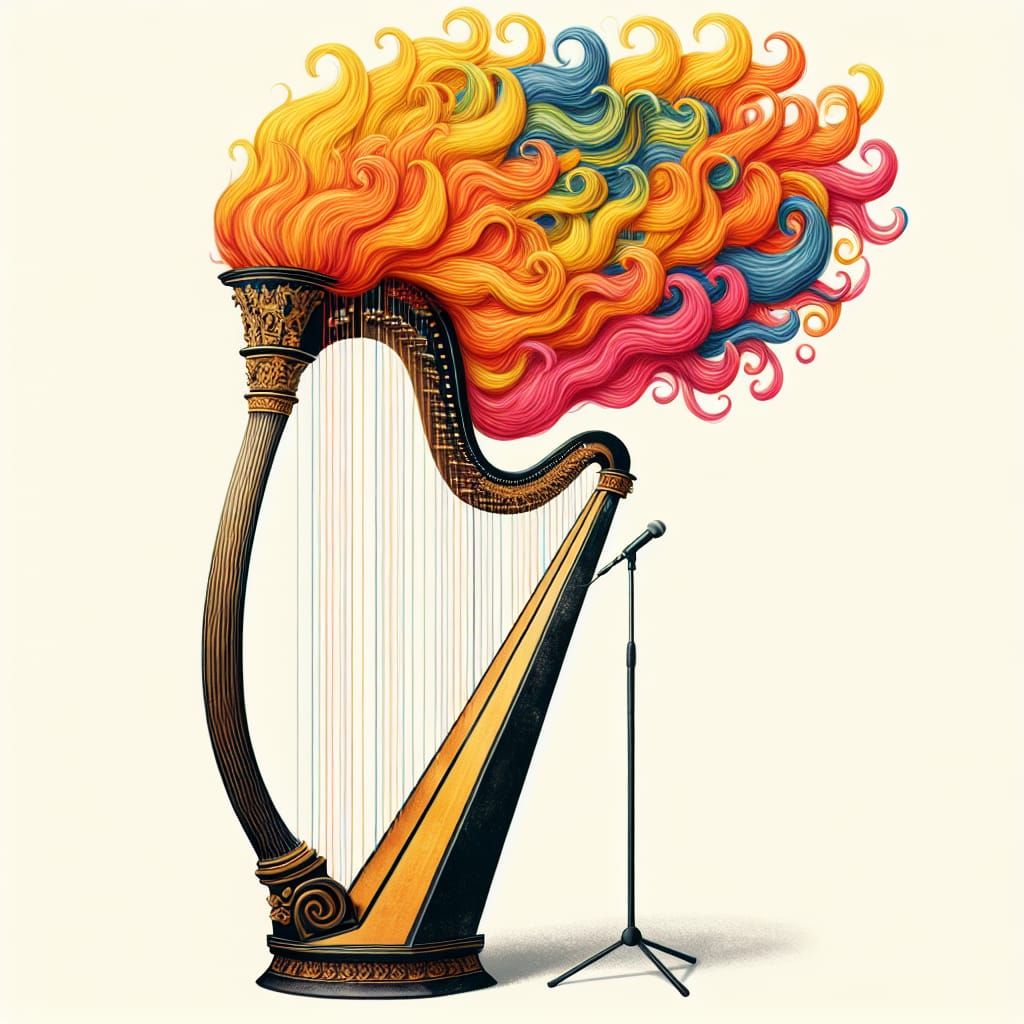 Whimsical Harp with Flamboyant Wig