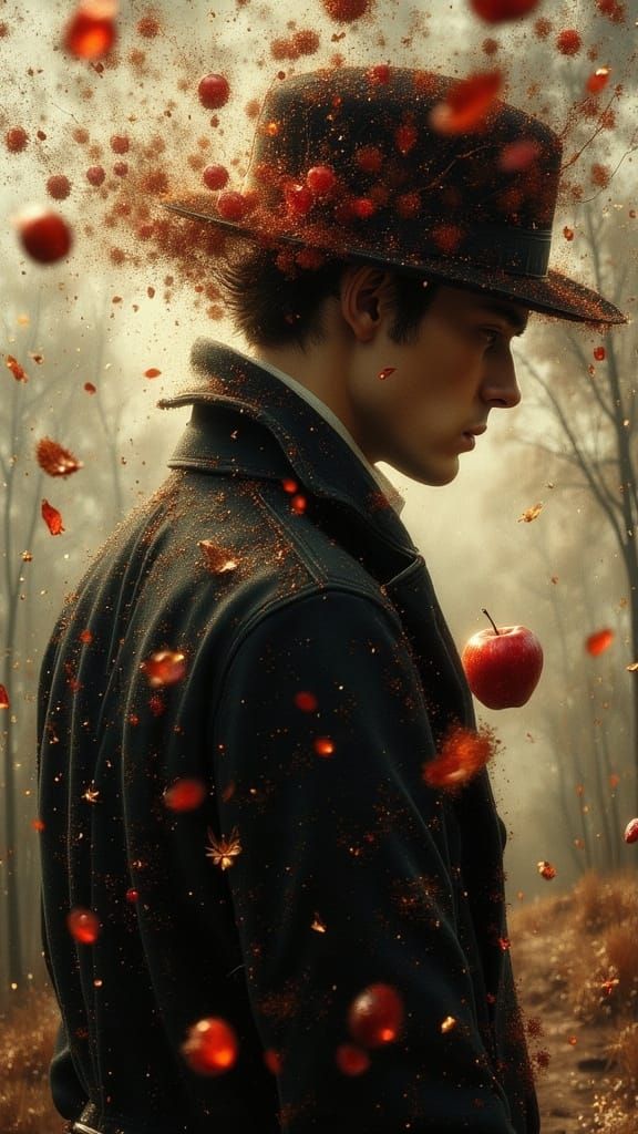 Magritte-Inspired Portrait of Man Catching Apple
