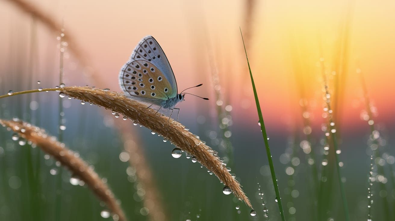 Dew-Kissed Grass Blade with Butterfly at Sunrise