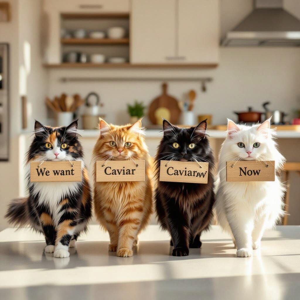 Cats Demand Caviar in Whimsical Kitchen Illustration