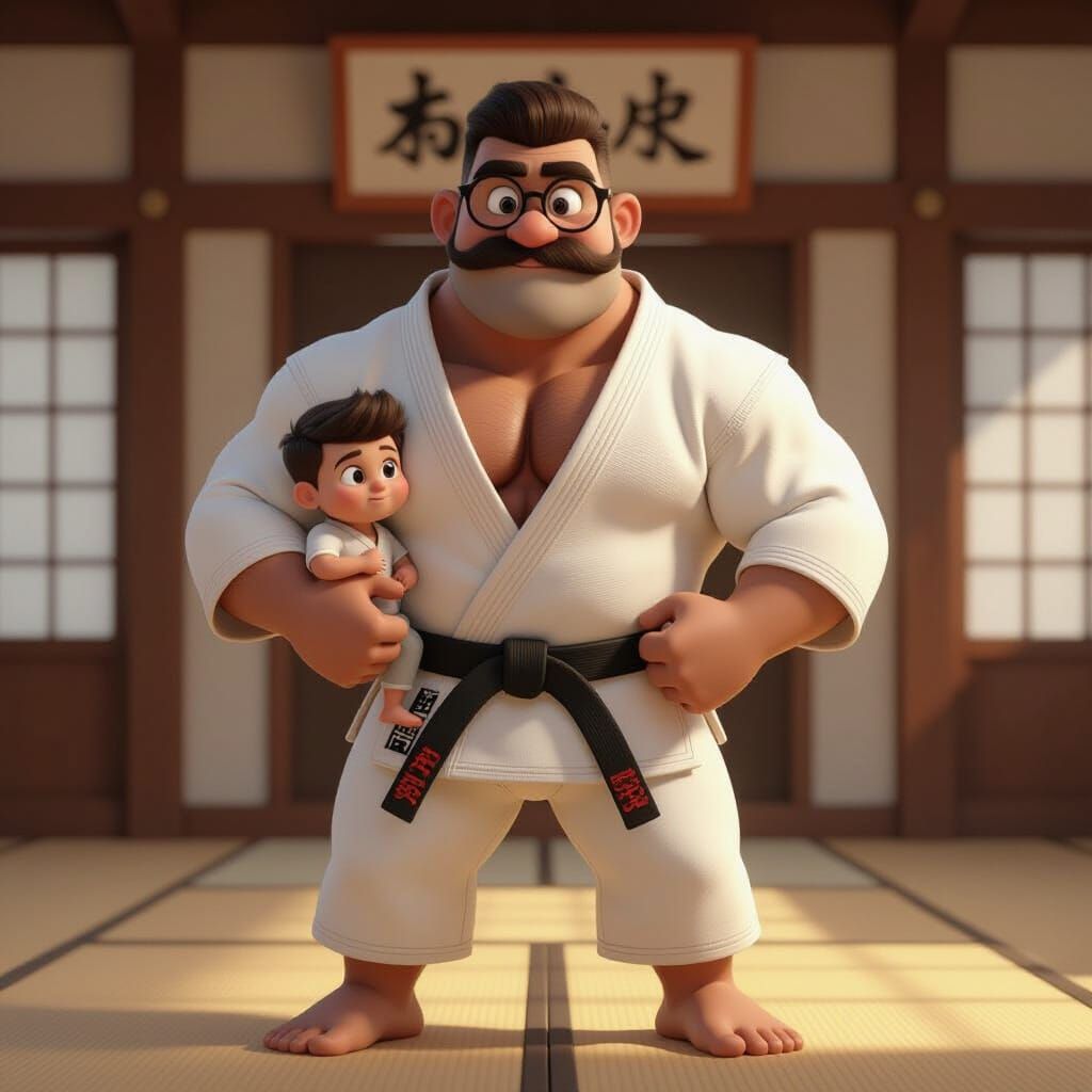 Muscular Judo Master and Son: 3D Digital Art