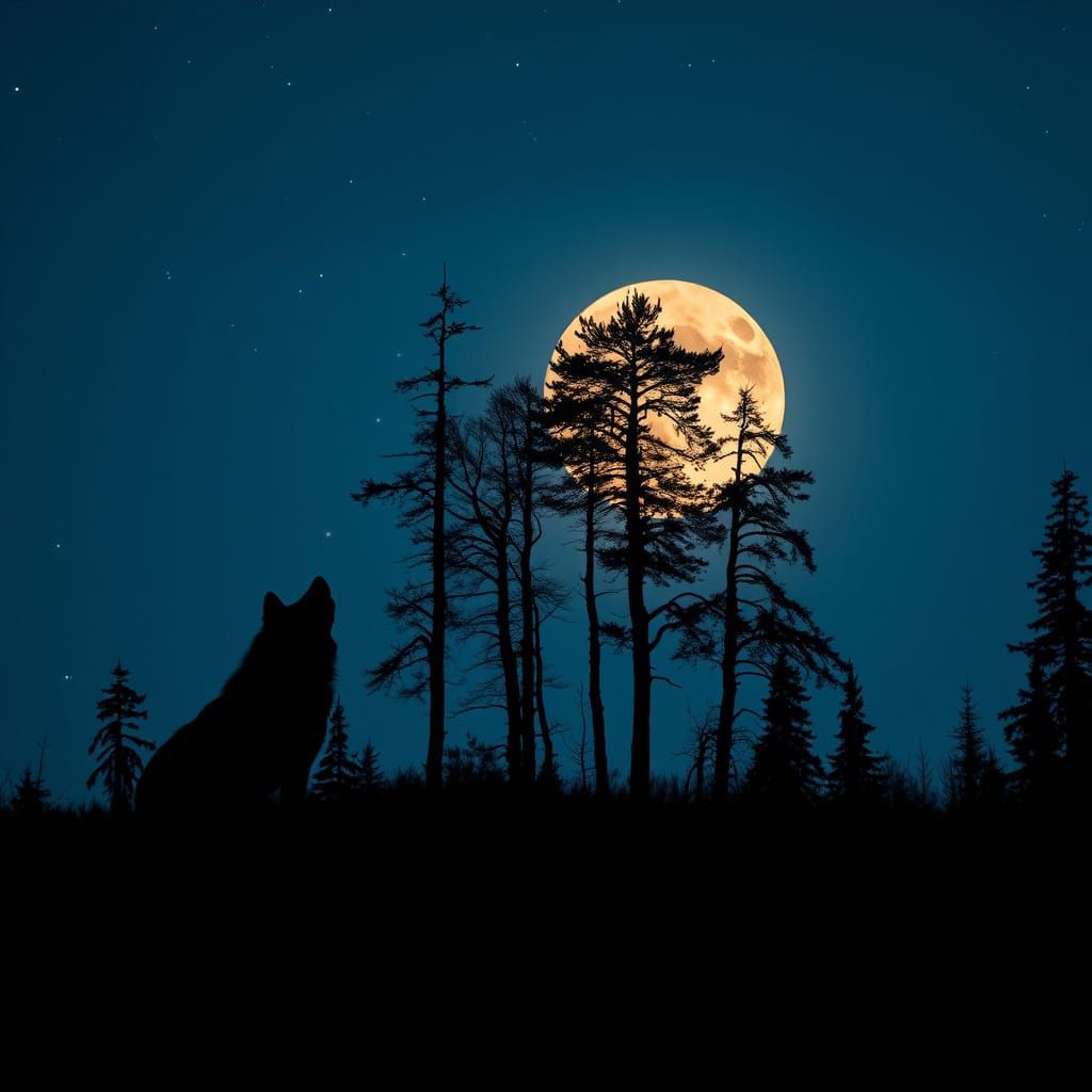 Wolves and Trees Silhouetted Against a Glowing Night