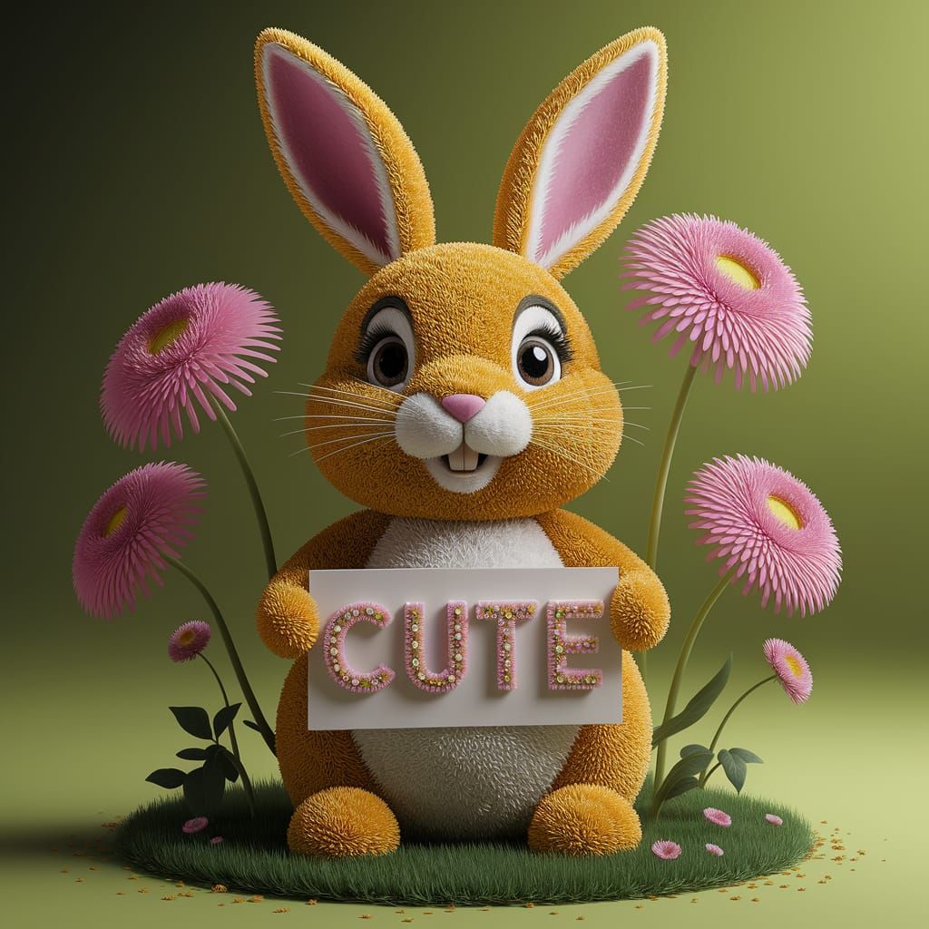 Realistic Flower Rabbit Holding CUTE Sign