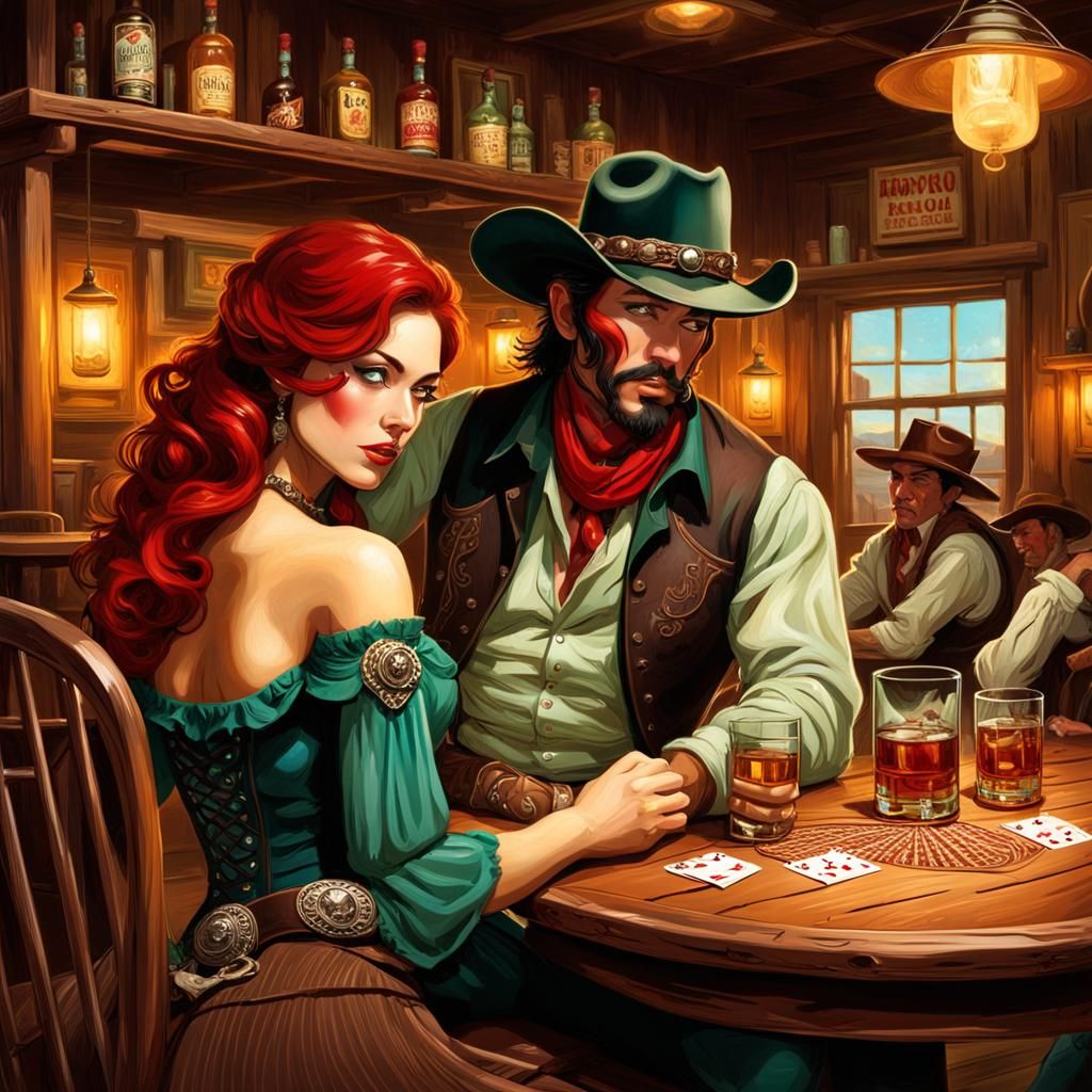 Cowboy and Saloon Girl at Sunset in Western Saloon
