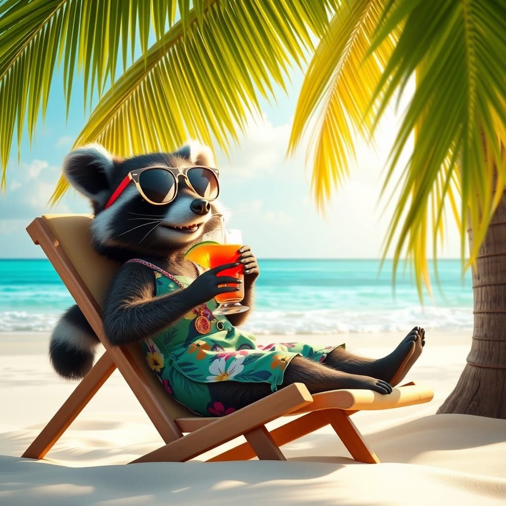 Raccoon Cub on Tropical Vacation, Fantasy Concept Art