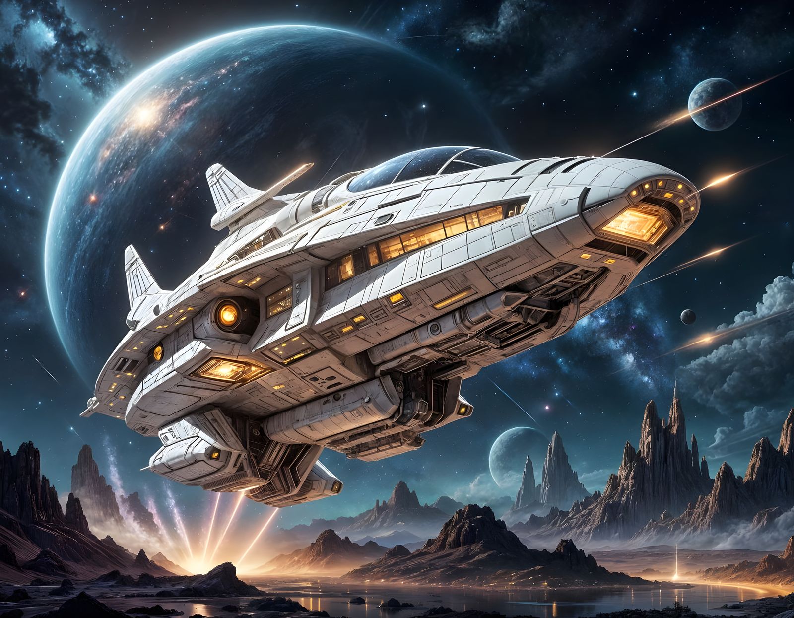 Vintage Art Deco Futuristic Spaceship Lands on Earth