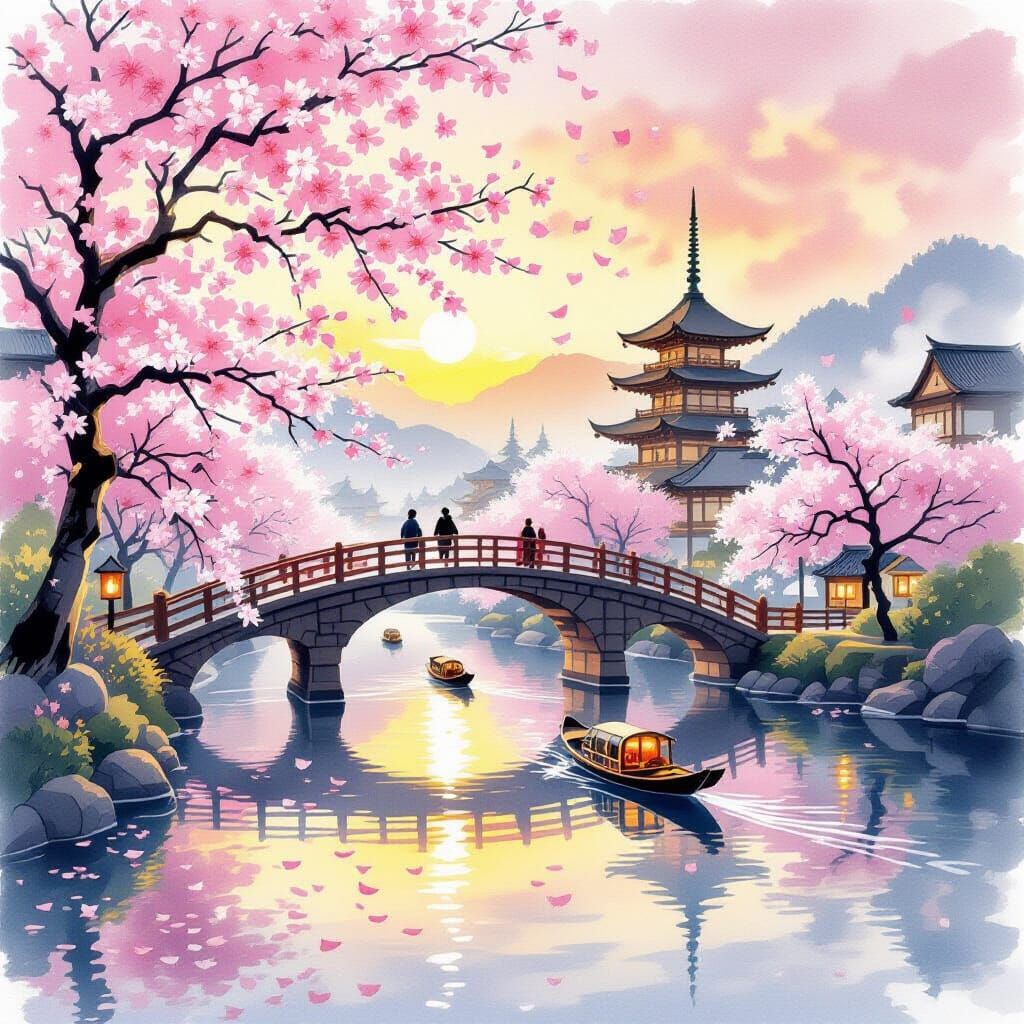 Golden Sunset Over Cherry Blossom River in Watercolour