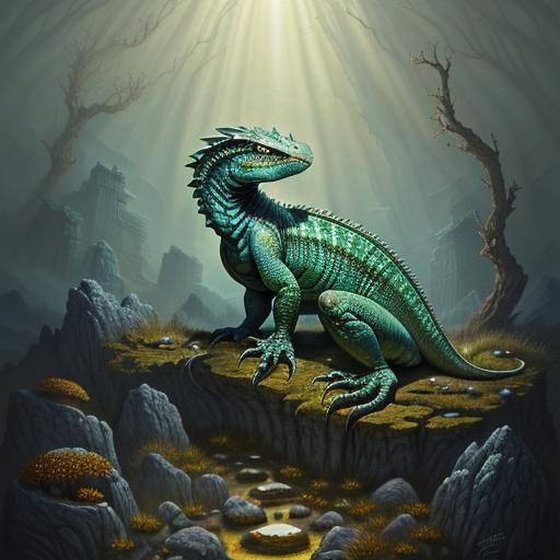 Giant Lizard Basking on Rock in Biomechanical Style