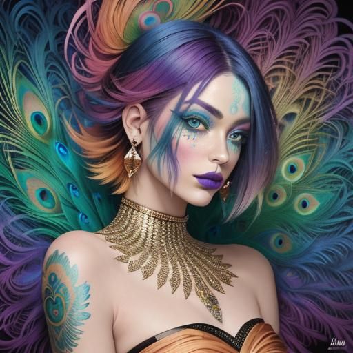 Woman with Rainbow Skin and Peacock Feathers