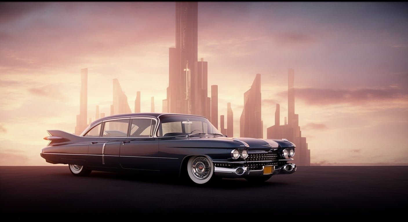1959 Cadillac in Post-Futurist Cityscape