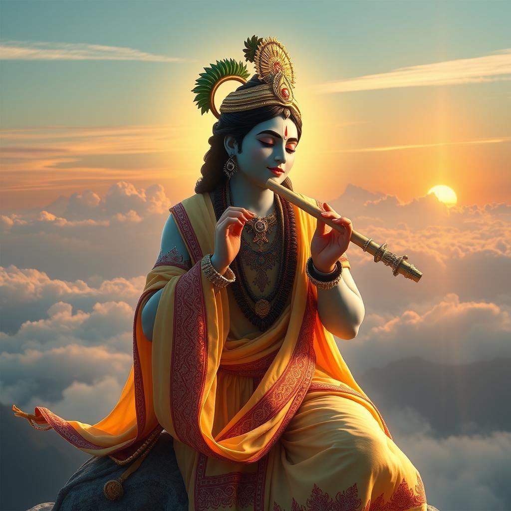 Krishna Playing Flute on Misty Mountain