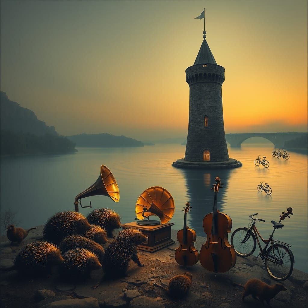 Dreamlike Surrealism: Twilight Tower and Porcupines Gather A...